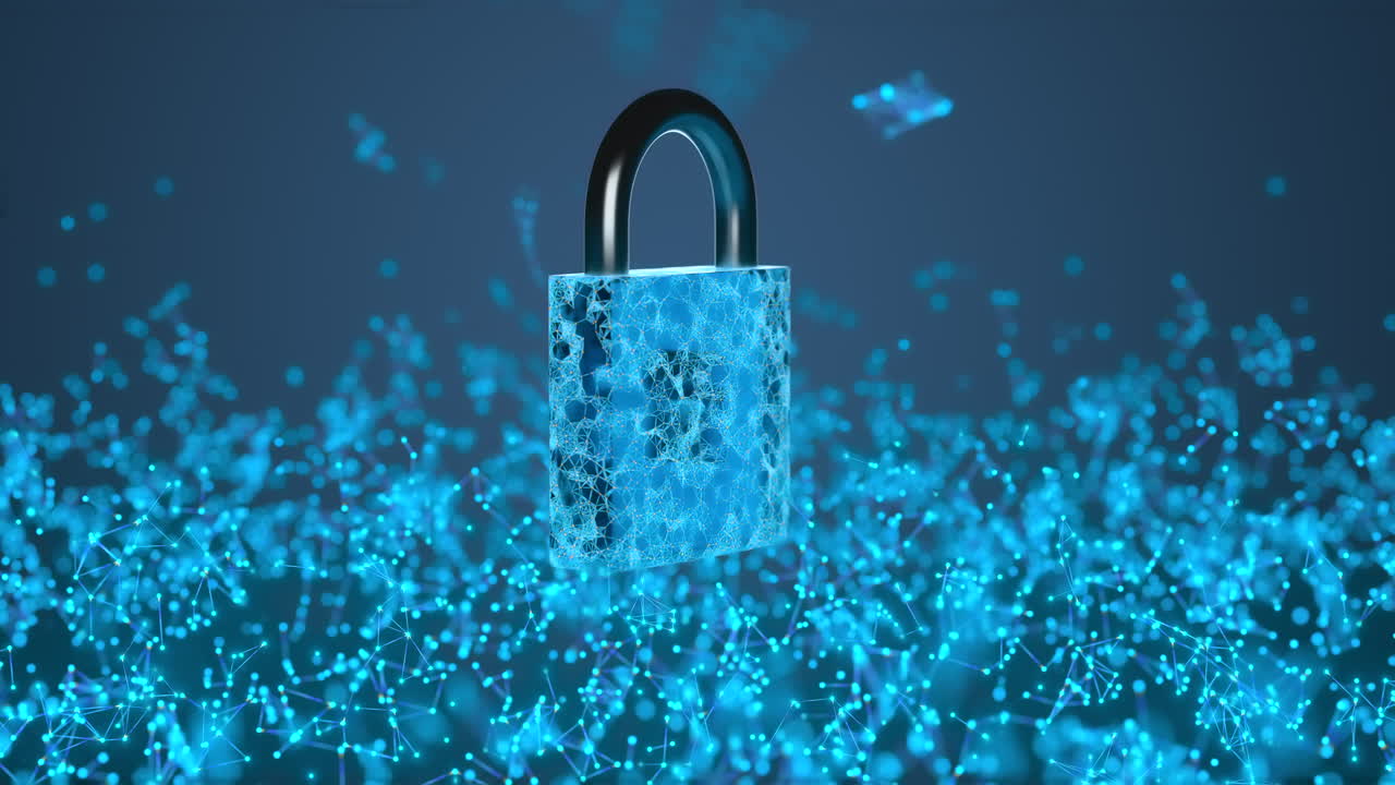 빛나는 스케치 라인이있는 보안 잠금, 3d 렌더링