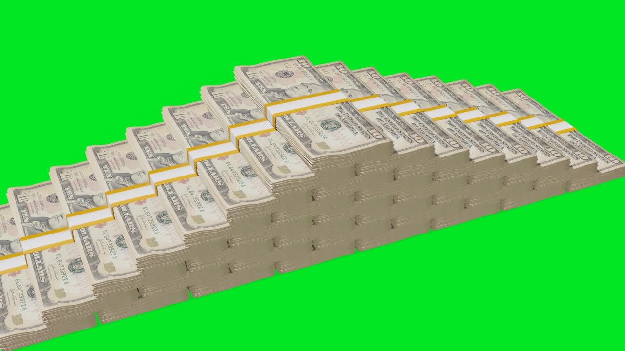 Banyak tumpukan uang di latar belakang chromakey. Uang kertas 10 Dolar AS. Tumpukan uang
