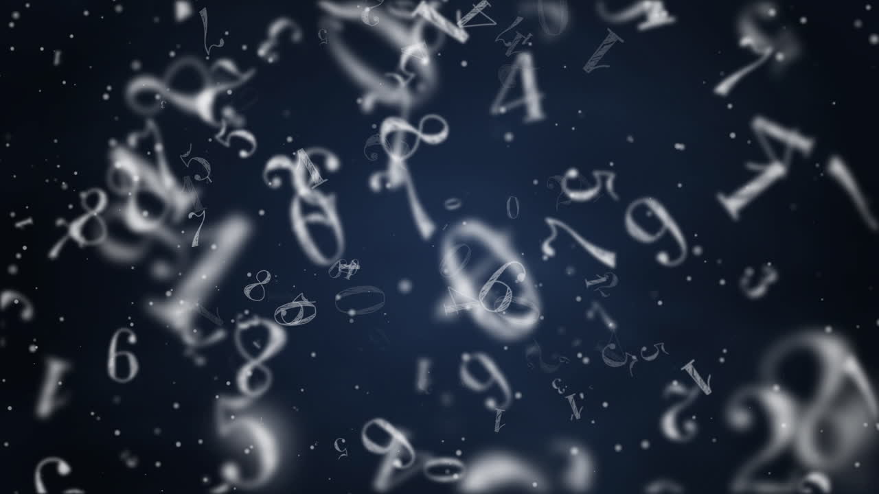 White numbers slowly fly from bottom to top on dark blue background. School loop animation.