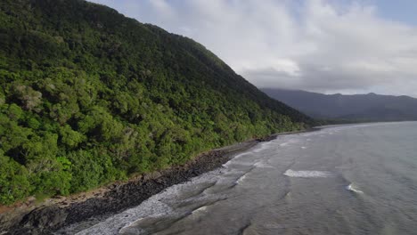 paisaje marino con vegetación tropical en un día nublado en el parque nacional daintree, lejano norte de queensland, australia - disparo de drones