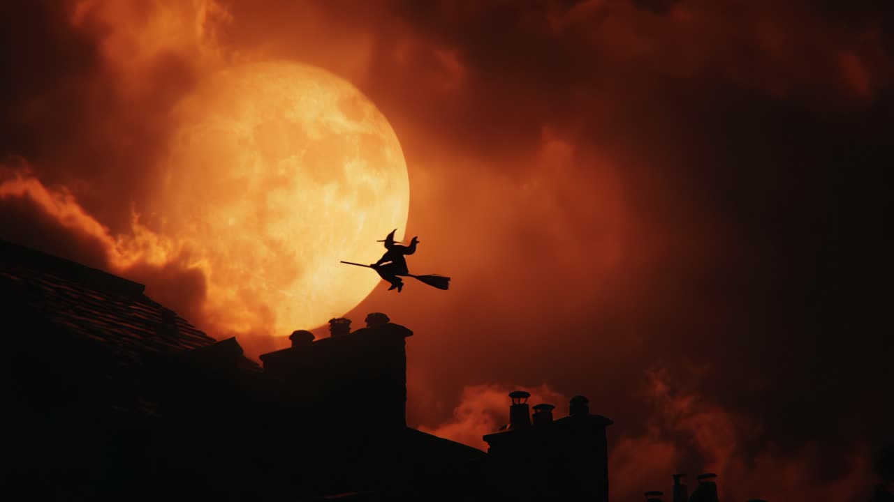 Una strega misteriosa vola nel cielo notturno, stagliandosi contro l'enigmatica luna piena circondata da nuvole suggestive e tonalità crepuscolari