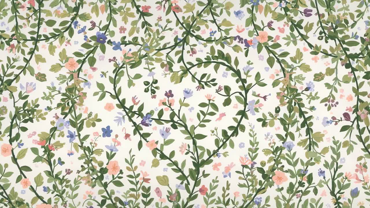 Viti verdi sinuose che formano un cuore centrale su sfondo crema mentre il modello si muove, fiori color pastello
