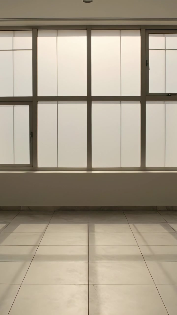 Vertical video: Shifting light casting glow on tiled floor in empty room, frosted window, low sill