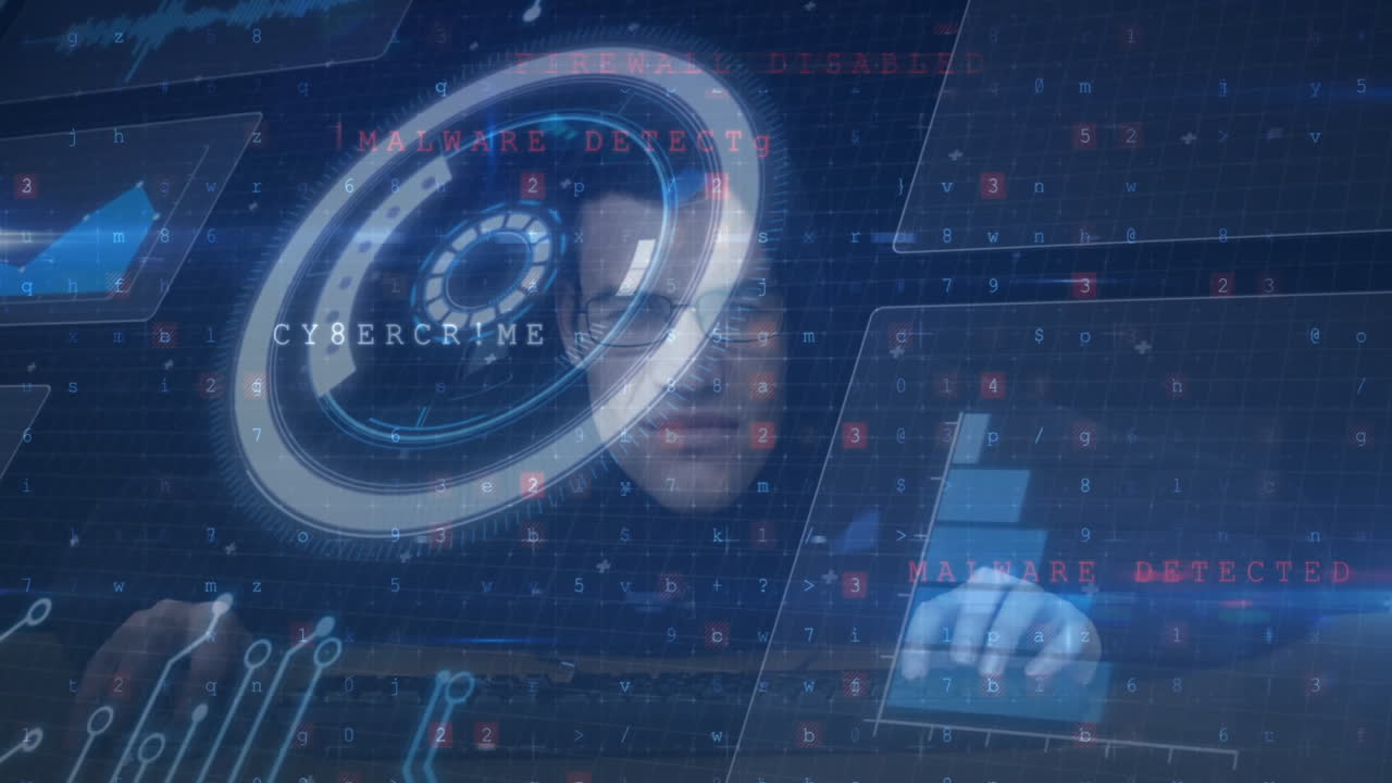 Firewall disabled text animation over person using futuristic digital interface