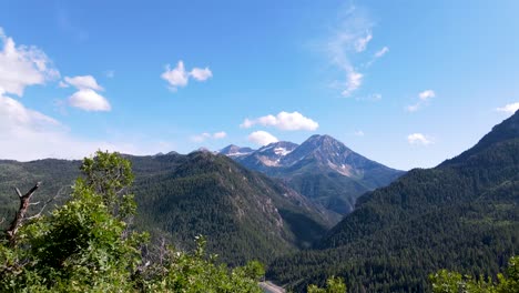 Retroceda-Entre-Los-árboles-Con-Vista-Al-Bosque,-Las-Montañas-Y-El-Lago