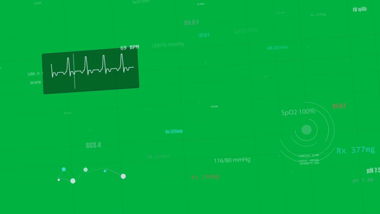 HUD in fase di caricamento che anima un tracciato ECG, pulsazione SpO2 e griglia che si sposta su sfondo trasparente, evidenziando i dati.