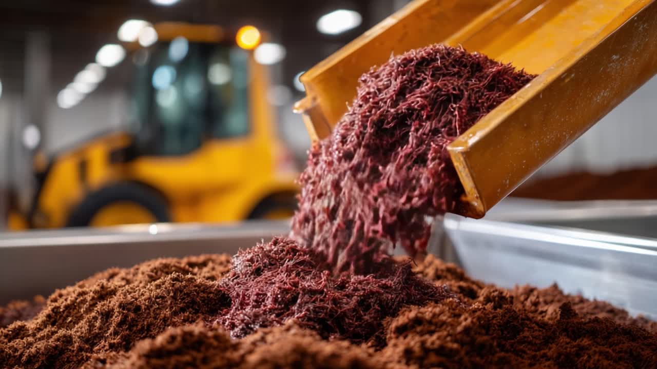 Captivating Visuals of Red Soil Being Loaded from a Metal Chute into a Pile, Highlighting the Diligent Work in a Transformative Agricultural Environment