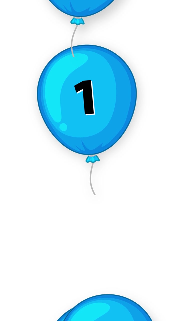 Blue cartoon balloons with number one fall vertically against a clean white background.