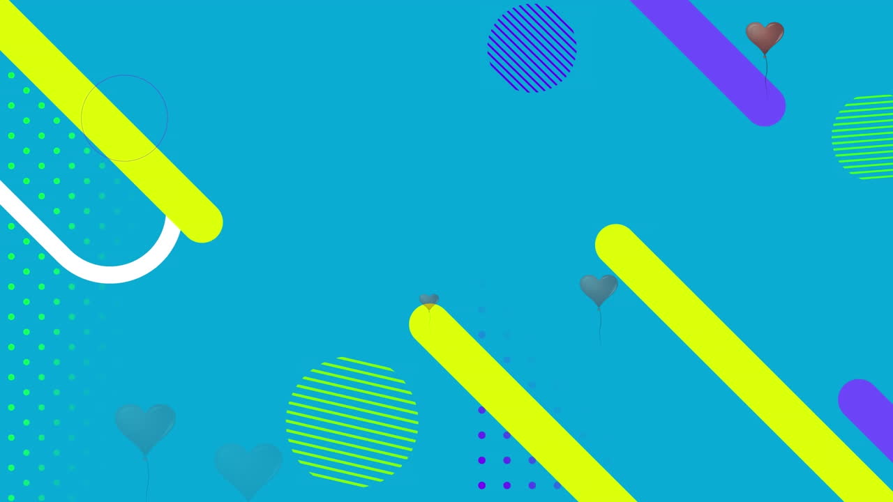 animación de globos en forma de corazón sobre fondo azul con formas amarillas, violetas y verdes