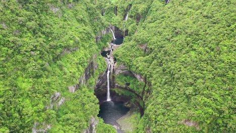 flight towards the beautiful takamaka waterfalls on the marsouins river, reunion island