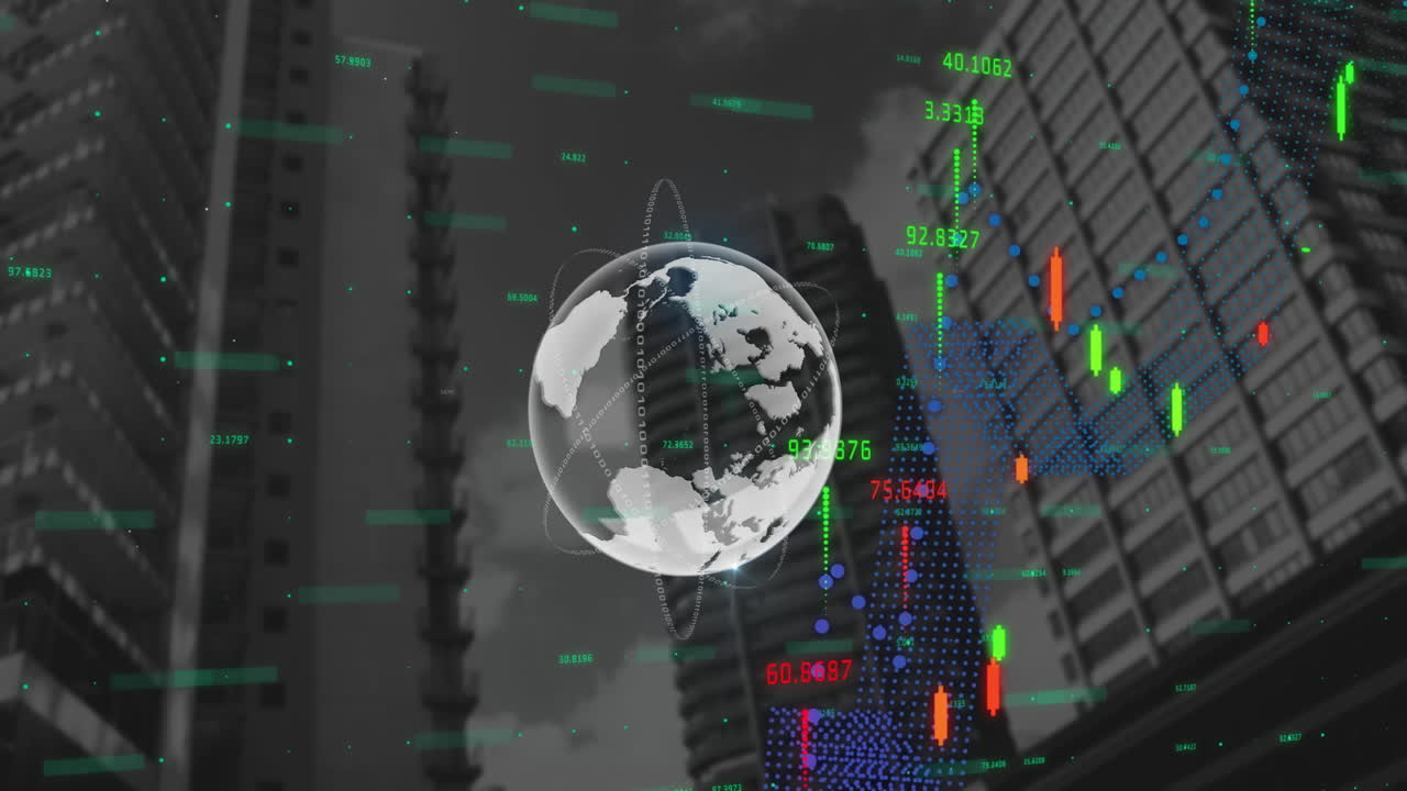 animación del globo y procesamiento de datos financieros sobre el paisaje urbano