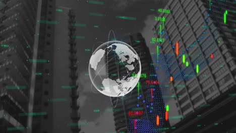 Animación-Del-Globo-Terráqueo-Y-Procesamiento-De-Datos-Financieros-Sobre-El-Paisaje-Urbano.