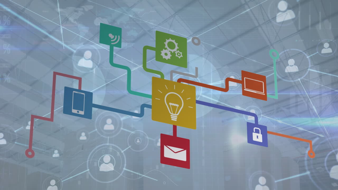 animación de la red de conexiones con iconos sobre personas de negocios que usan auriculares telefónicos