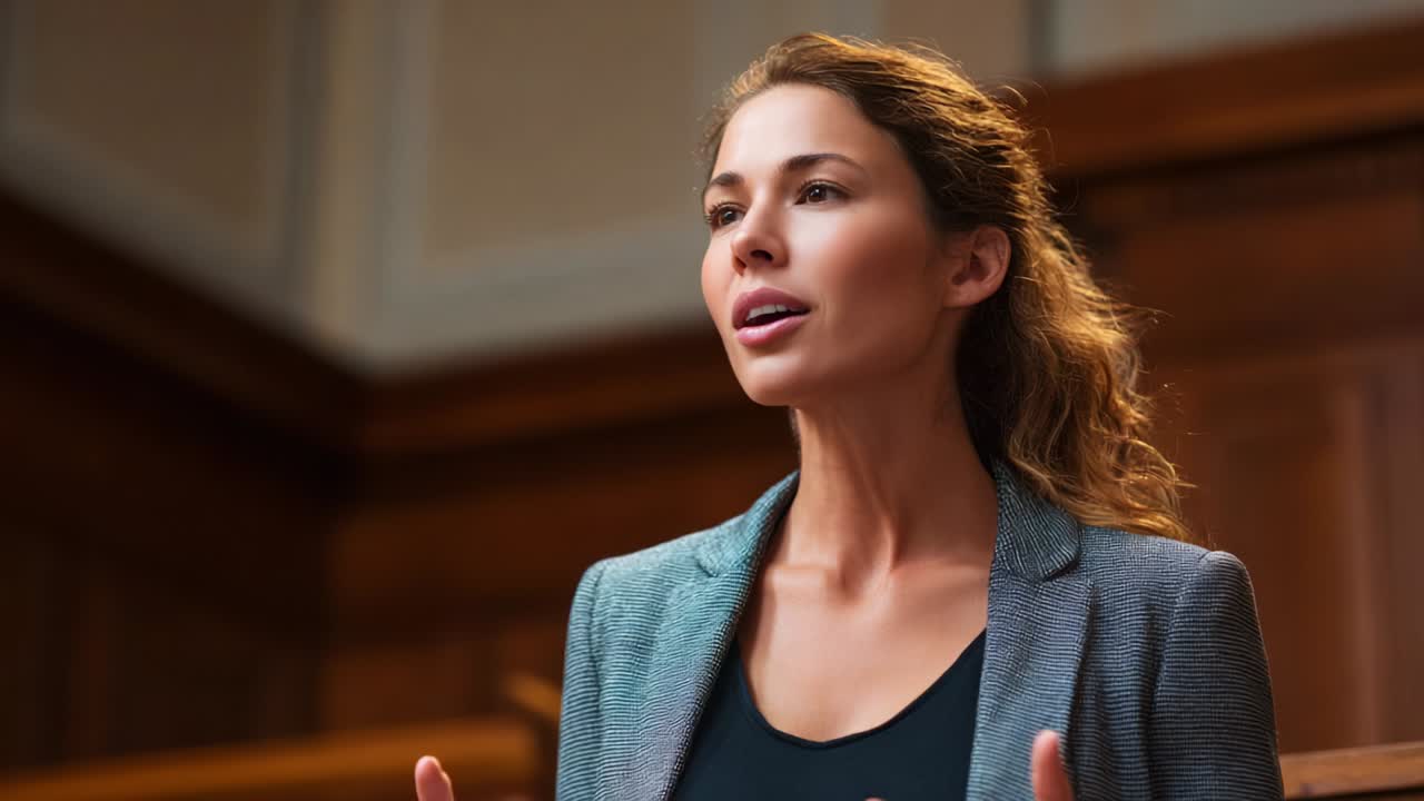 A Passionate Speech in Courtroom: Engaging Legal Argument Presented by a Confident Lawyer in Front of a Judge and Jury, Capturing the Essence of Justice and Advocacy in a Legal Setting