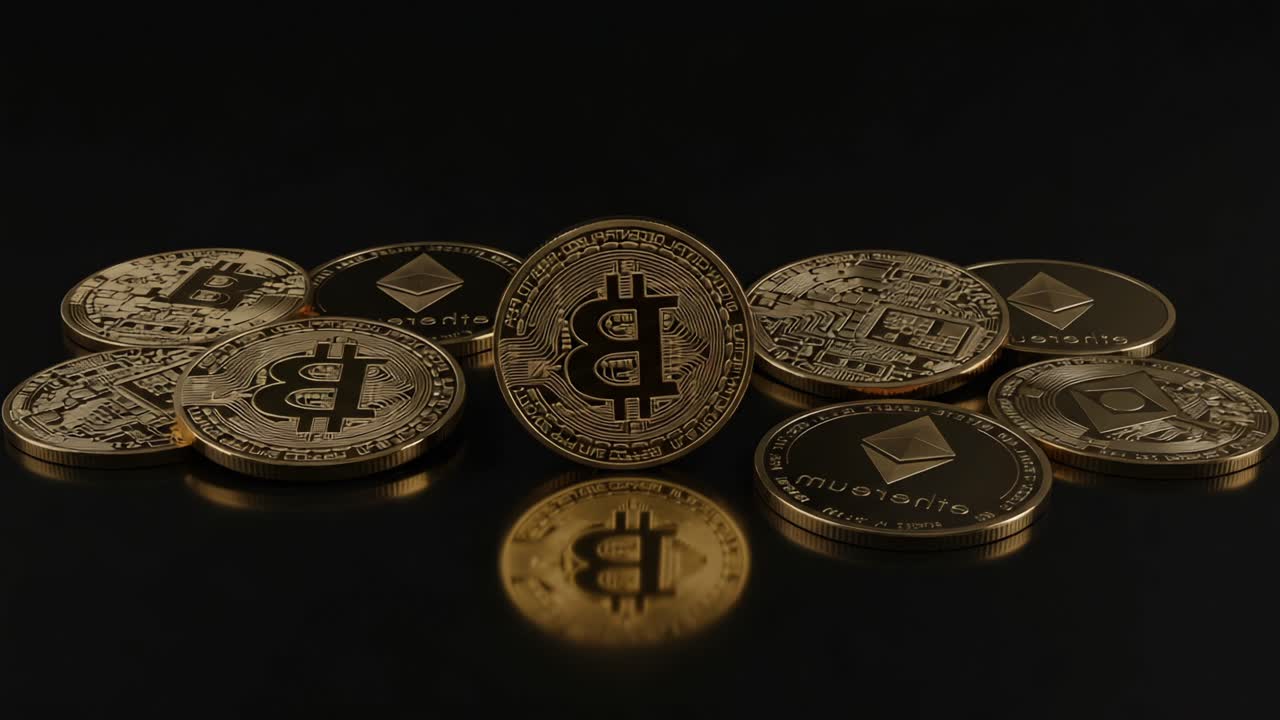 A Stunning Display of Cryptocurrency Coins Featuring Bitcoin and Ethereum, Captured in an Artistic Arrangement for Digital Currency Enthusiasts