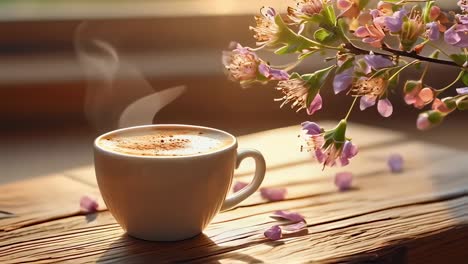 warm sunlight illuminates a steaming cup of cappuccino on a rustic wooden table, adorned with delicate pink blossoms and scattered petals, creating a serene morning scene