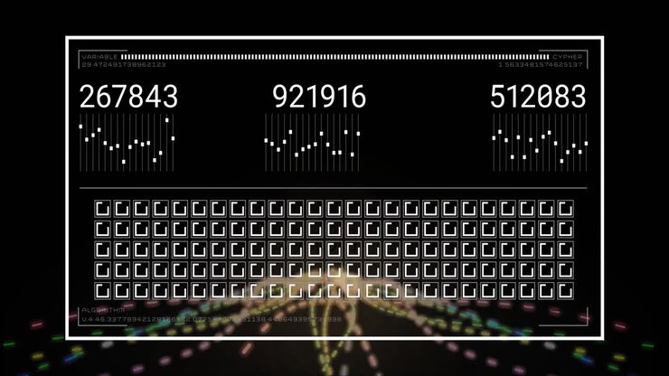Animation of data processing over glowing light trails on black background