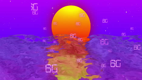 6g text animation over colorful sunset and ocean waves