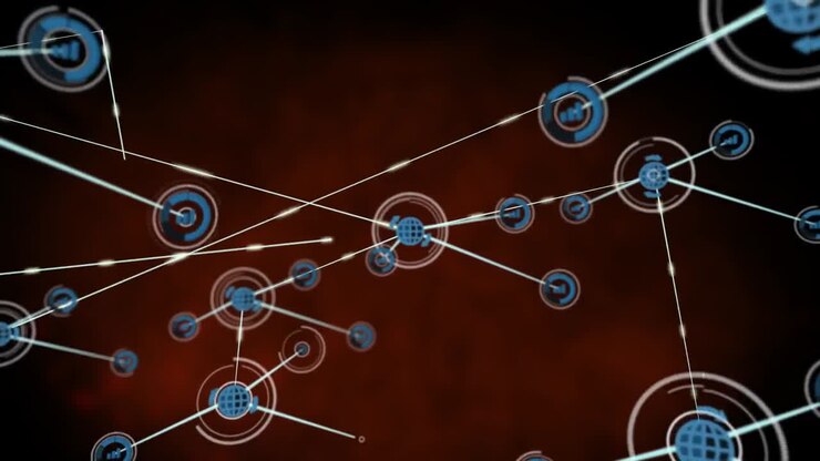 Animation of network of digital icons against red background