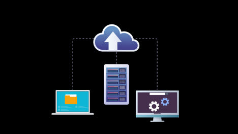 Computación-En-La-Nube-Carga-Datos-A-La-Seguridad-En-La-Nube,-Animación-En-Bucle-Del-Servidor-De-Teléfonos-Inteligentes-De-Computadoras-Portátiles-Con-Canal-Alfa.