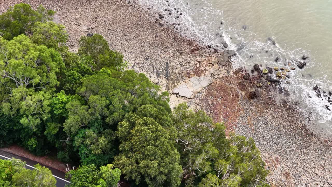 Aerial view of lush rainforest meeting rocky shoreline and ocean, showcasing natural beauty and vibrant greenery