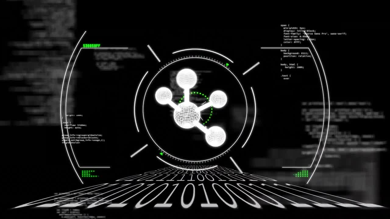 검은색 배경에 있는 분자 오버 데이터 프로세싱으로 스 스캔의 애니메이션
