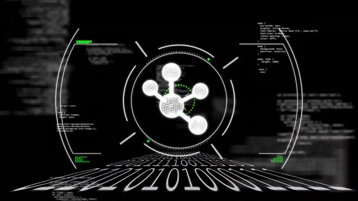 Animatie van een scannende scope met een molecuul boven gegevensverwerking op een zwarte achtergrond.