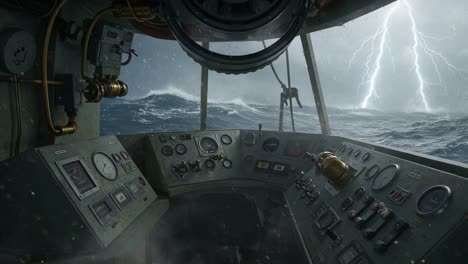 a dramatic perspective from inside a stormy vessel's bridge, capturing the intensity of nature with thunderous lightning and roiling waves in the background