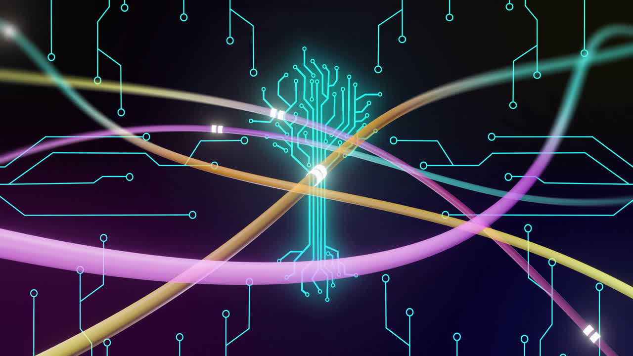 Animation of digital data processing with circuit board and glowing network of connections