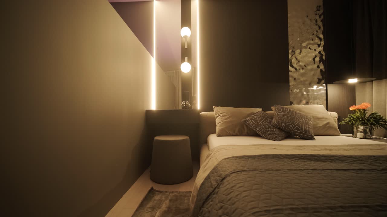 세련되고 우아한 미니멀리즘 가정 인테리어는 깨한 선, 중립적인 색상, 따뜻한 주변 조명을 특징으로하며, 아하고 현대적인 분위기를 만니다.