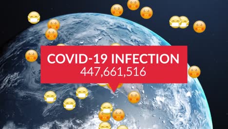 Animation-of-covid-19-data-processing-and-multiple-sick-emojis-with-face-masks-over-planet-earth