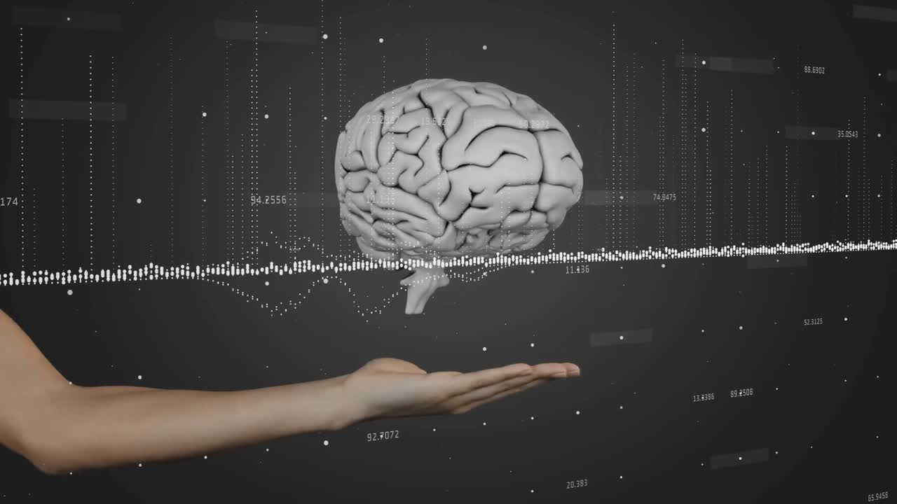 Cerebro blanco en 3D flotando sobre un brazo extendido, mostrando puntos de datos numéricos y una forma de onda punteada
