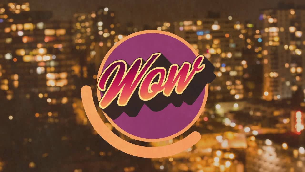 어두운 밤의 현대 도시 풍경 위에 보라색 원에 와우 텍스트의 애니메이션