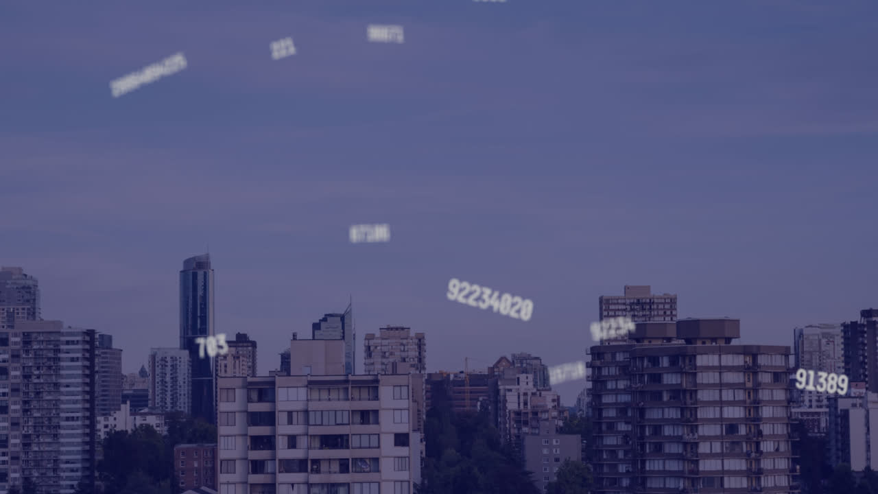 도시 풍경 위에서 떨어지는 숫자의 애니메이션