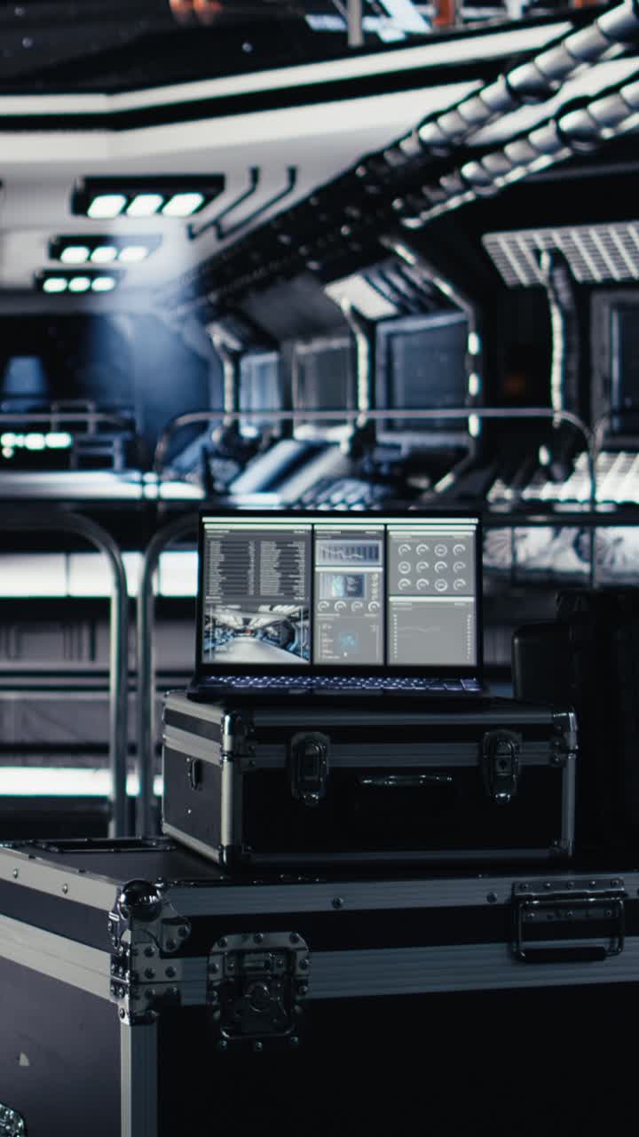 Vertical video Close up of isolated screen monitor inside futuristic spacecraft bay