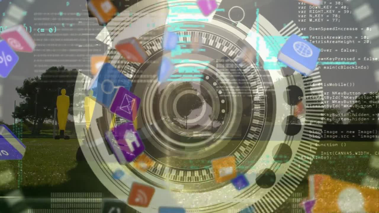 animación de iconos tecnológicos sobre el procesamiento de datos y las piernas de un jugador de fútbol caucásico