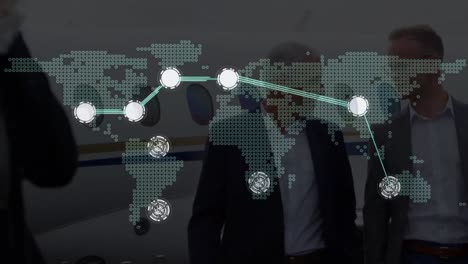 connecting dots over world map over two caucasian businesmen talking to each other at airport runway