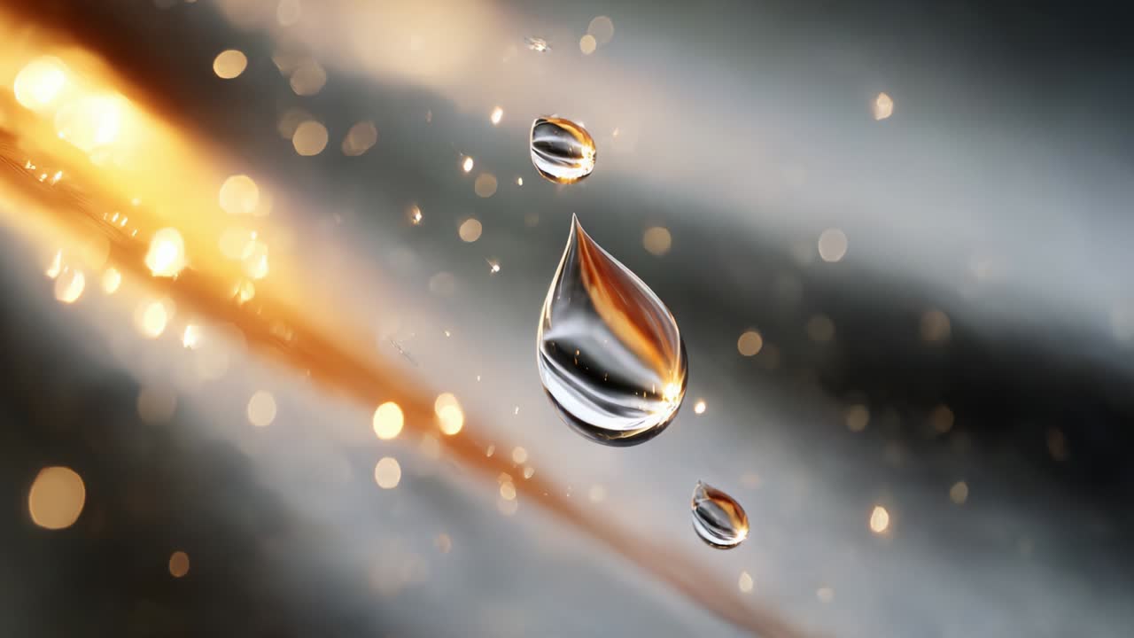 A Stunning Visual of Raindrops Captured in Motion, Showcasing Their Crystal Clarity Against a Mysterious, Glimmering Backdrop of Light and Shadow