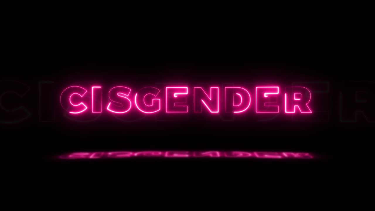 '시스젠더'라는 단어 네온은 검은색 바탕에 반사되어 바닥에 반사됩니다. 시엄리스 루프 모션 그래픽으로 네온 빛 표지판