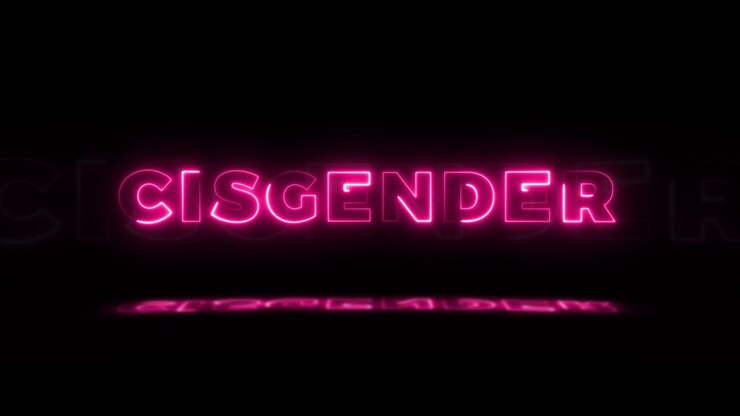 Word 'CISGENDER' neon glowing on a black background with reflections on a floor. Neon glow signs in seamless loop motion graphic