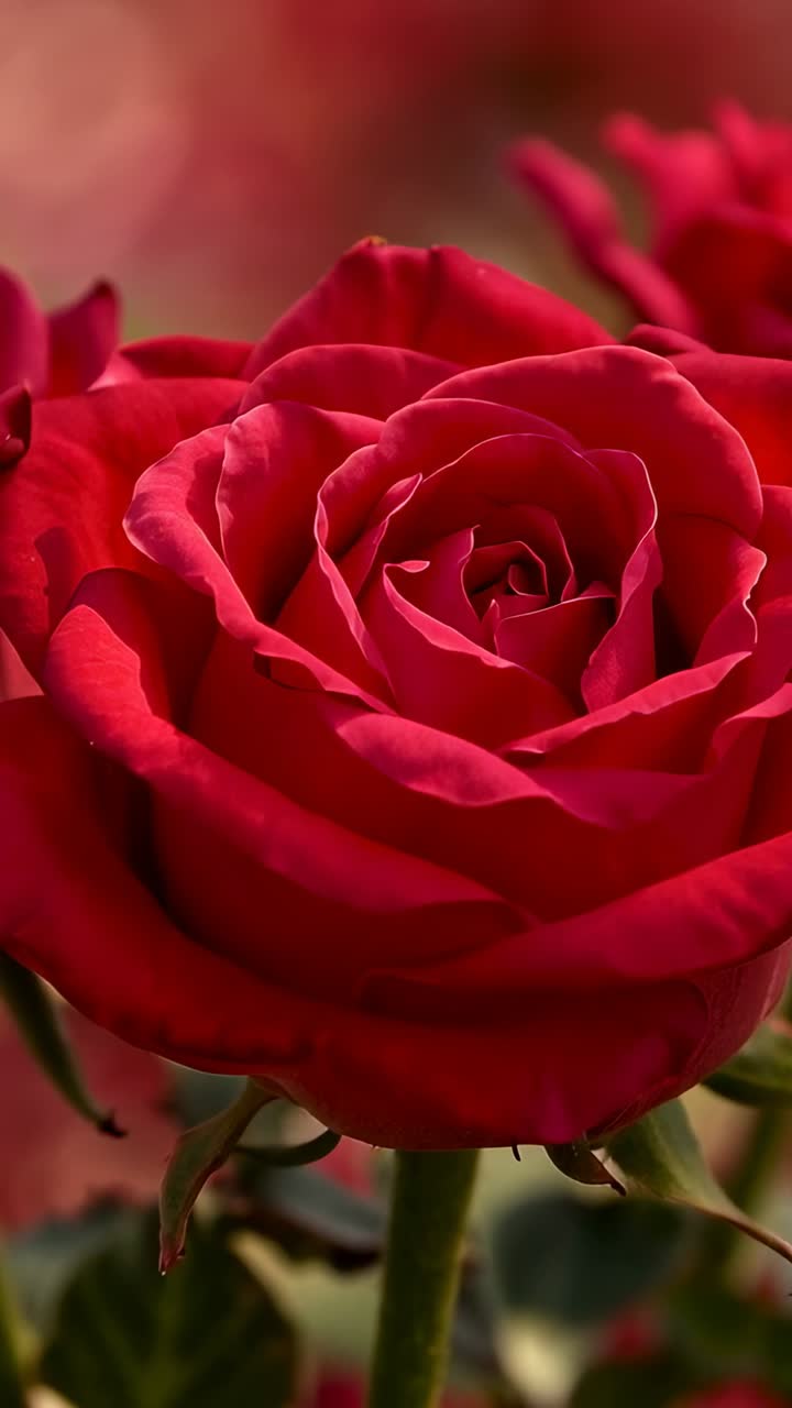Vídeo vertical: Primer plano de una rosa roja floreciendo y moviéndose con el viento en un jardín mientras la lente enfoca el tallo