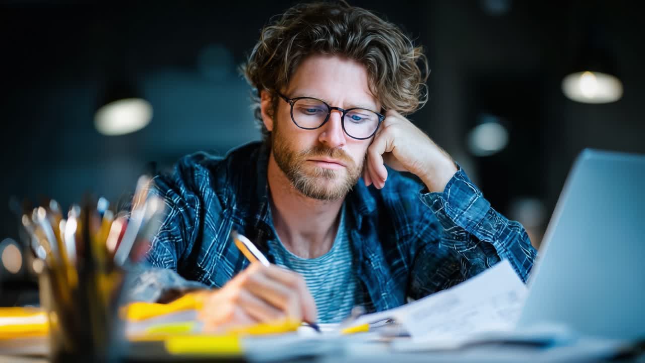 Persona concentrada inmersa en pensamientos profundos mientras escribe en un escritorio rodeada de material de oficina y con luz tenue, representando concentración y creatividad.