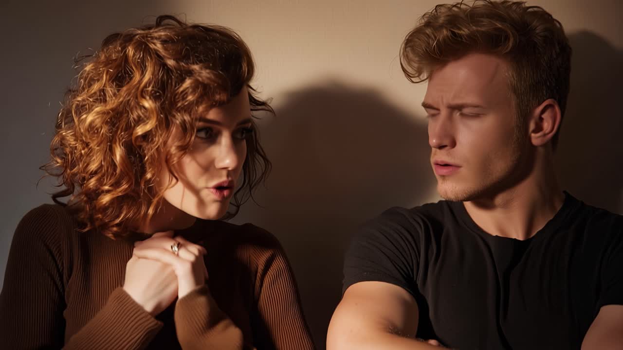 Tone shifts from tense to emotionally charged. Woman's expression shows quiet sadness. Man's face conveys focused disappointment. Their arms crossed reflect mutual distrust. Ideal for drama, romance