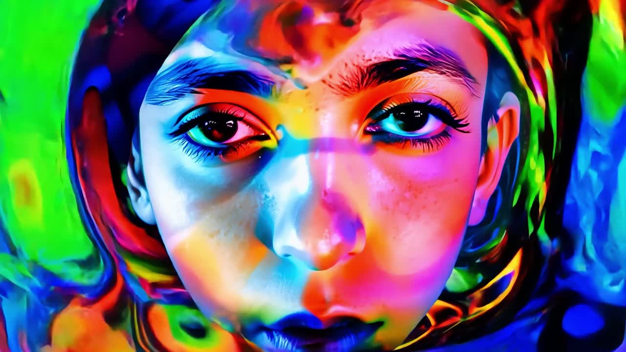 Woman with vibrant makeup submerging in colorful liquid while gazing directly at the viewer with striking eyes