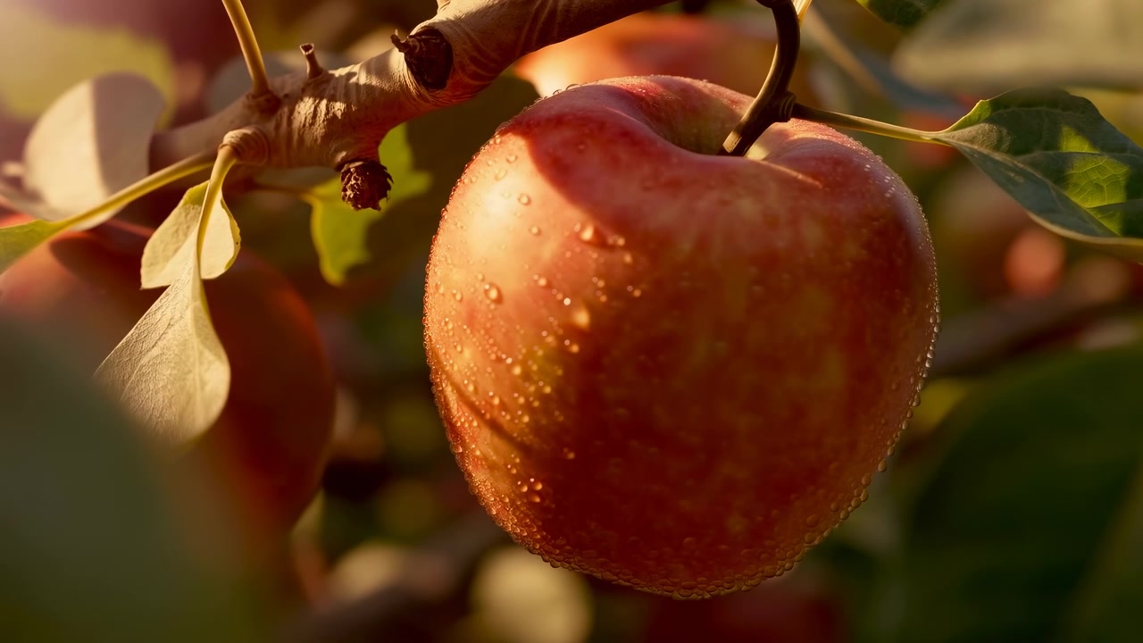 Una mela in primo piano rimane sospesa sotto un ramo mentre la sua buccia passa dal giallo e arancione al rosso, mentre gocce d'acqua, foglie morbide e una calda retroilluminazione dorata rimangono visibili