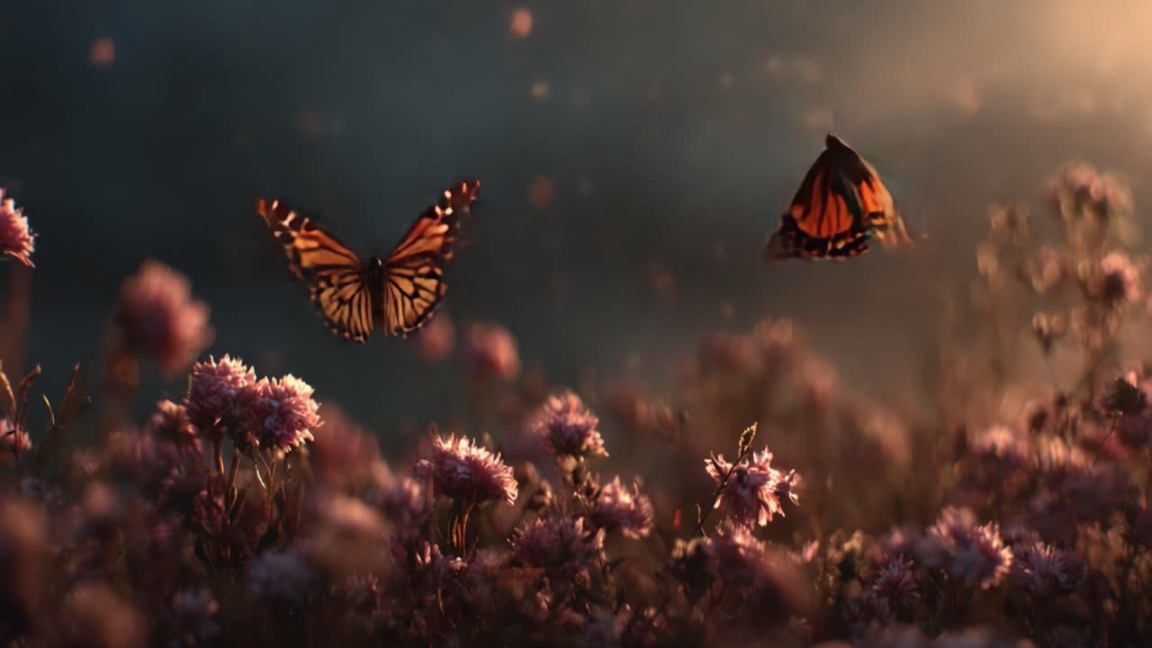 Un Momento Sereno nella Natura Catturato in Due Scatti, che Mostra la Delicata Bellezza di Farfalle che Danzano tra Fiori Sbocciati in un Paesaggio Onirico ed Etereo.
