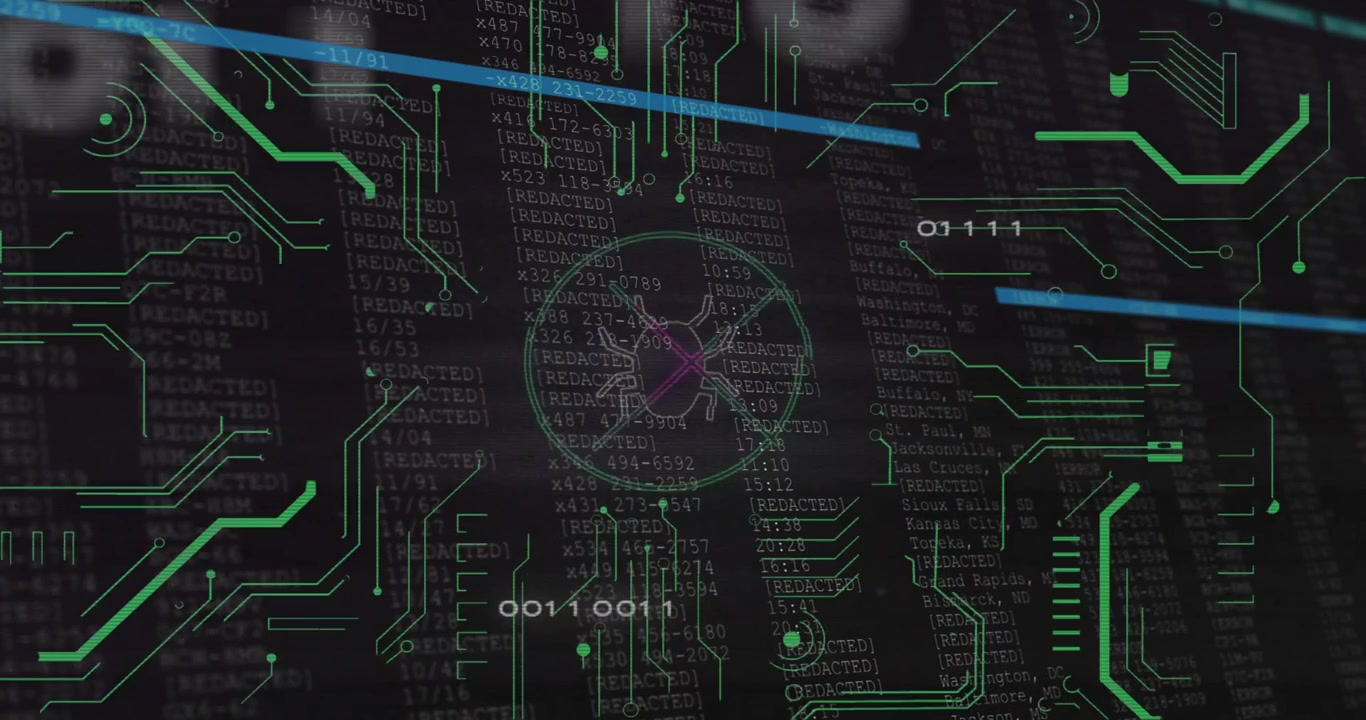 Interface opening, bug icon animating with circuits, code, scan line simulating malware detection