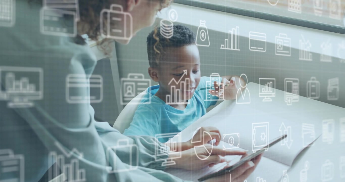 Woman tapping tablet, guiding child writing on paper, education icons floating across frame