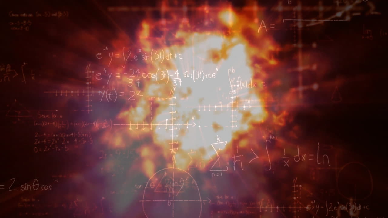 Fiery cloud emitting math formulas and graph curves in abstract art scene, with coordinate axes