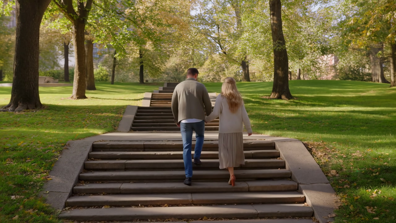 Couple Walking Up Stone Steps Through Sunlit Treelined Park, Cozy Autumn Atmosphere, Fallen Leaves On Grass,